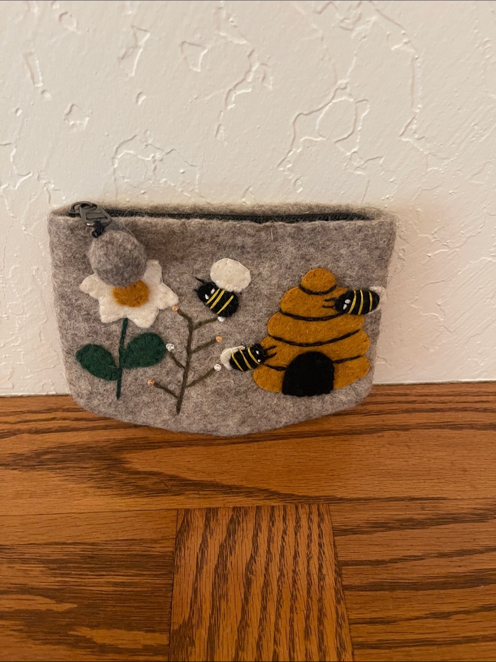 Needle-Felt Bee & Beehive Pouch in Gray and Mustard
